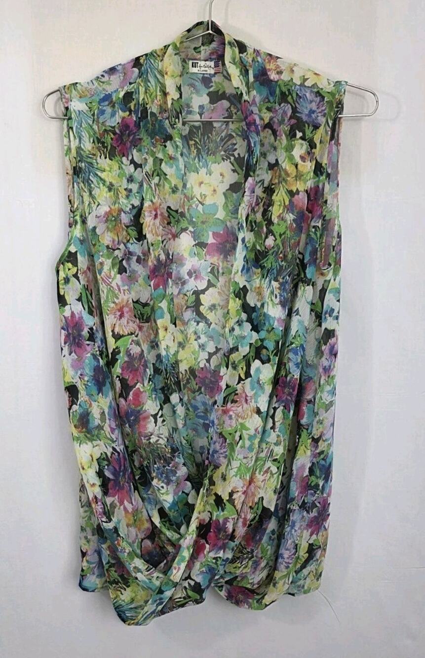 Kut From The Kloth Women Watercolor Floral Sleeveless Crossover Blouse Size XL